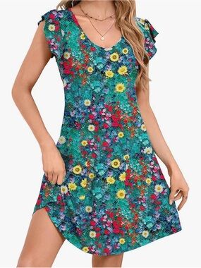 2XL Colorful Floral Dress w/ Pockets Stretch Short Sleeve Summer Midi